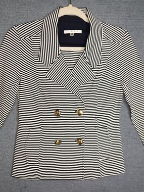 CAbi Navy and White Striped Jacket with Gold Accent Buttons